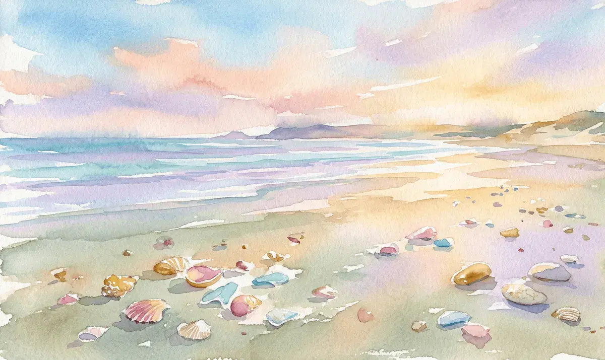 Watercolor beach at low tide with scattered shells and sea glass in warm light