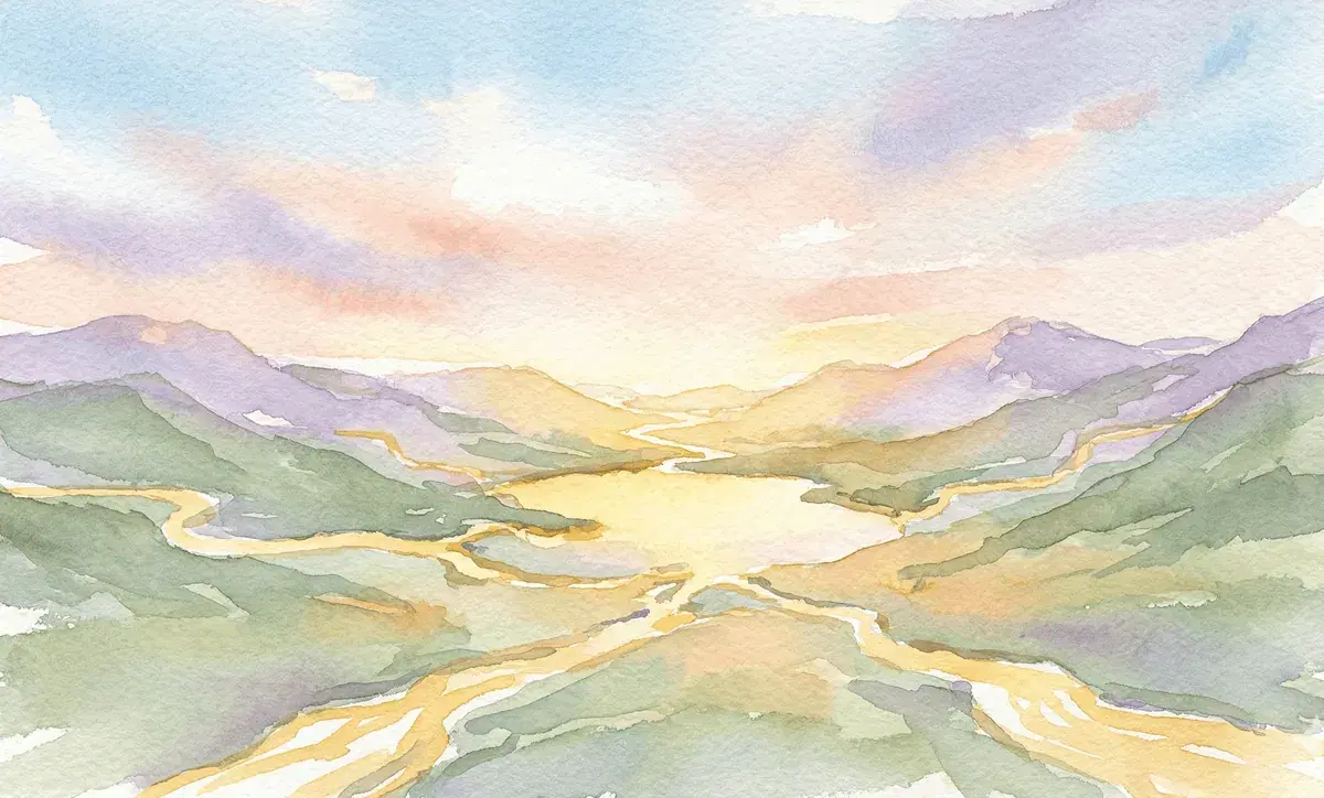 Watercolor golden rivers converging into a luminous lake surrounded by hills