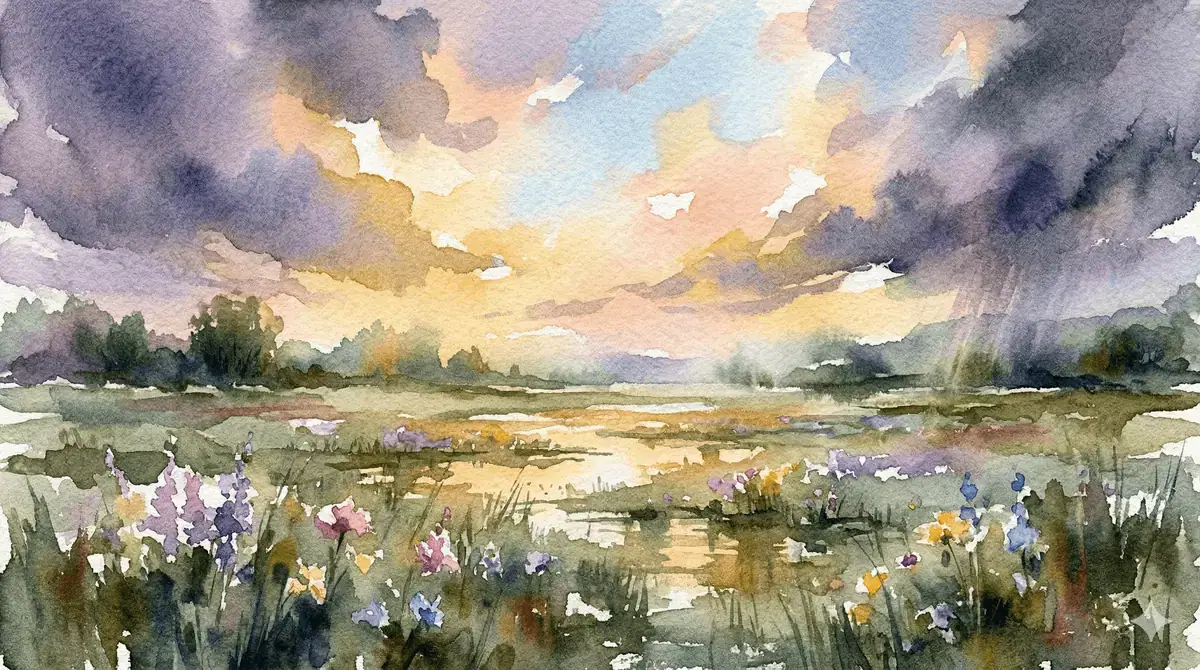 Watercolor meadow after a rainstorm with clouds breaking open to golden light
