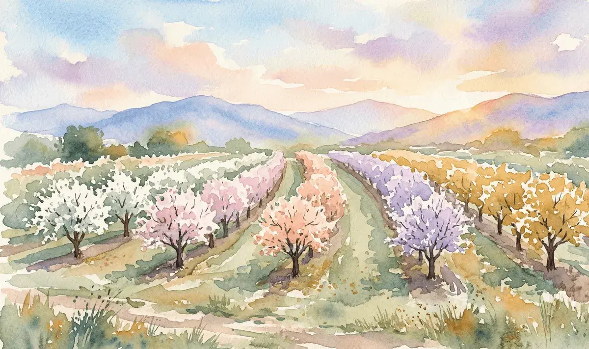 Watercolor fruit orchard with five rows of differently colored blossoms