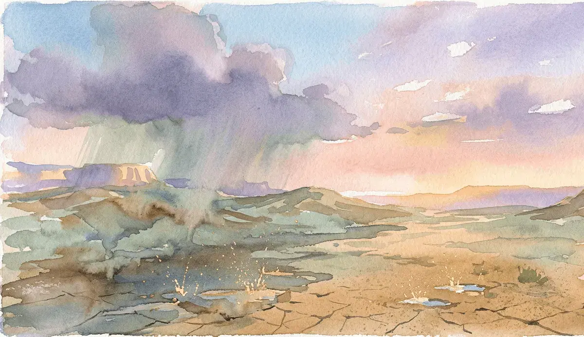 Watercolor desert at the moment rain arrives with golden splashes on dry earth