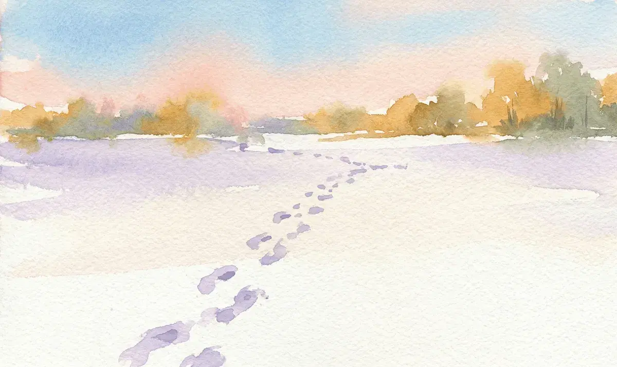 Watercolor footprints in snow stopping partway across a white field
