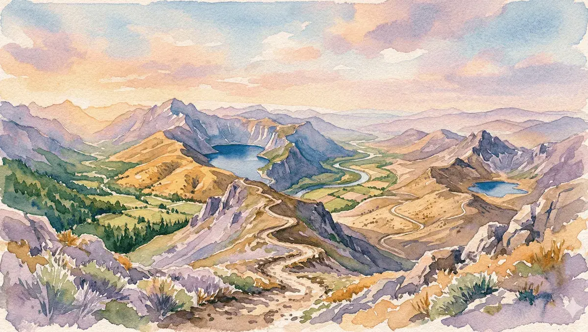 Watercolor mountain pass overlooking seven distinct valleys in warm light