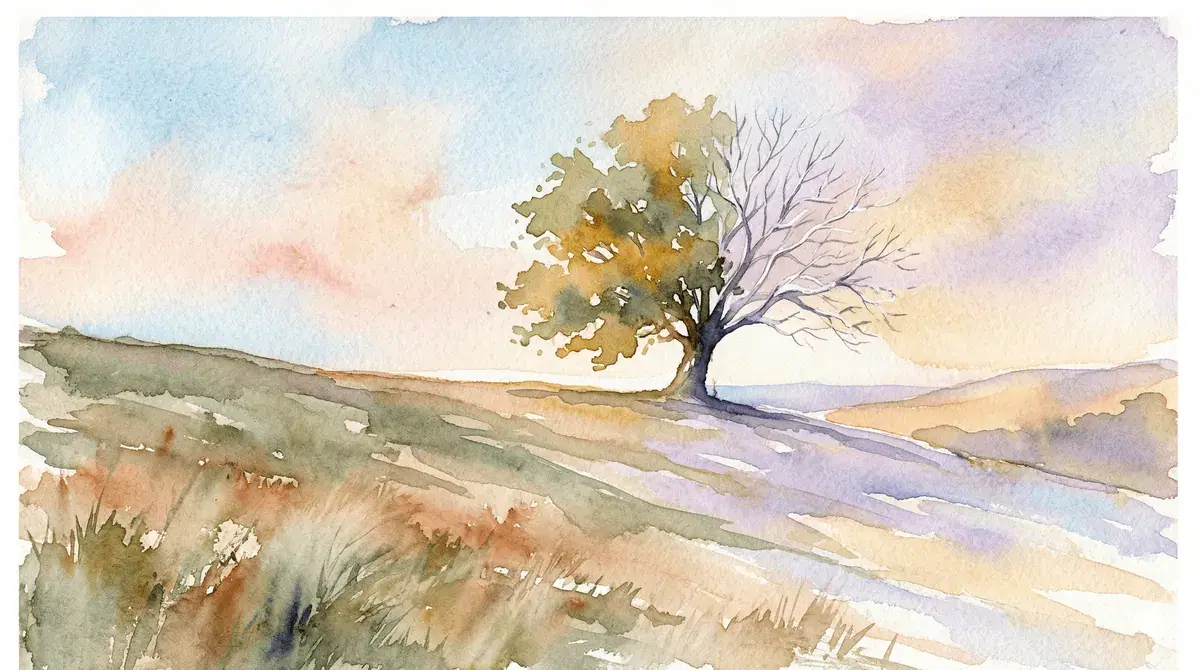 Watercolor hilltop tree between seasons with warm and cool halves