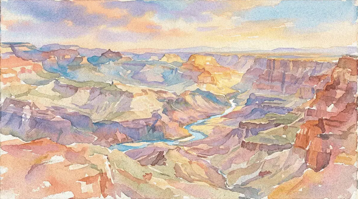 Watercolor canyon with colorful strata layers and a river below