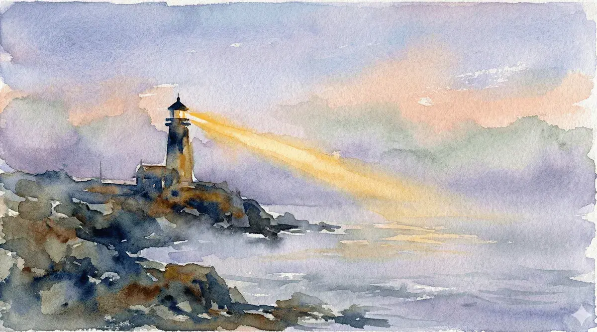 Watercolor lighthouse beam cutting through coastal fog at dusk