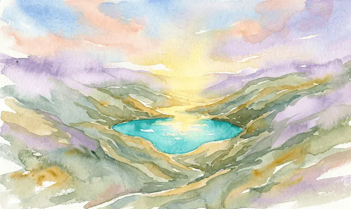 Watercolor landscape forming a valley holding a bright turquoise pool of light