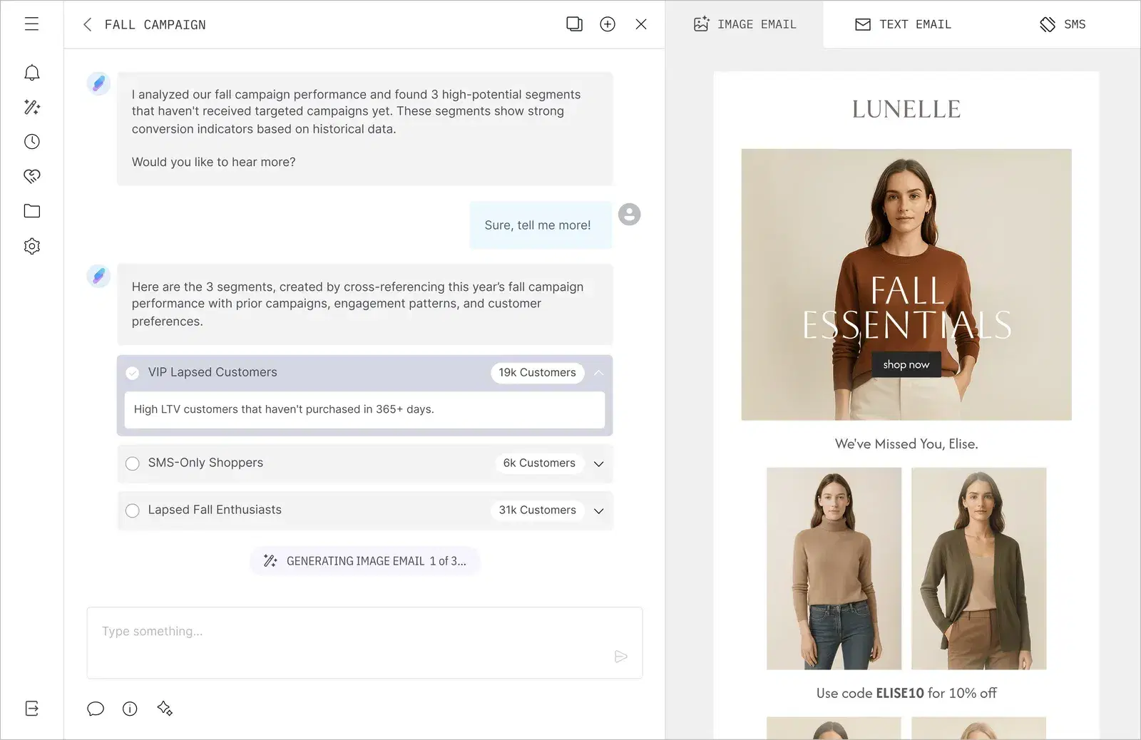 LTV.ai Campaign Creator: a fall campaign chat building three customer segments alongside a live Lunelle email preview