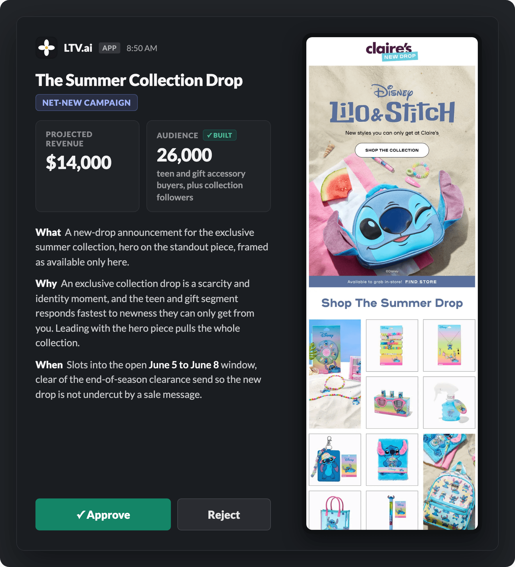 LTV.ai daily briefing in Slack: a campaign recommendation for a jewelry brand, with the finished email preview