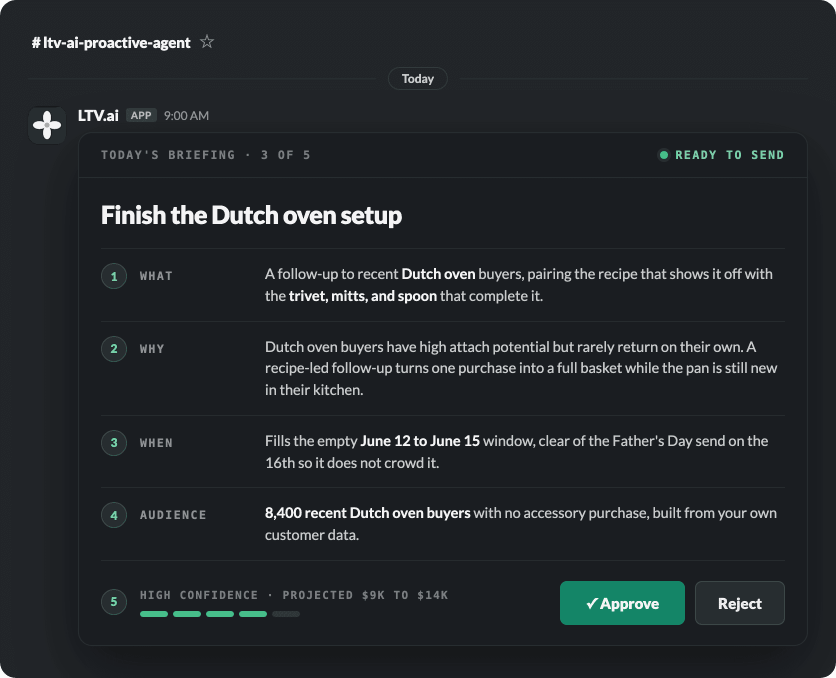 LTV.ai Slack briefing: the reasoning behind a kitchenware campaign recommendation