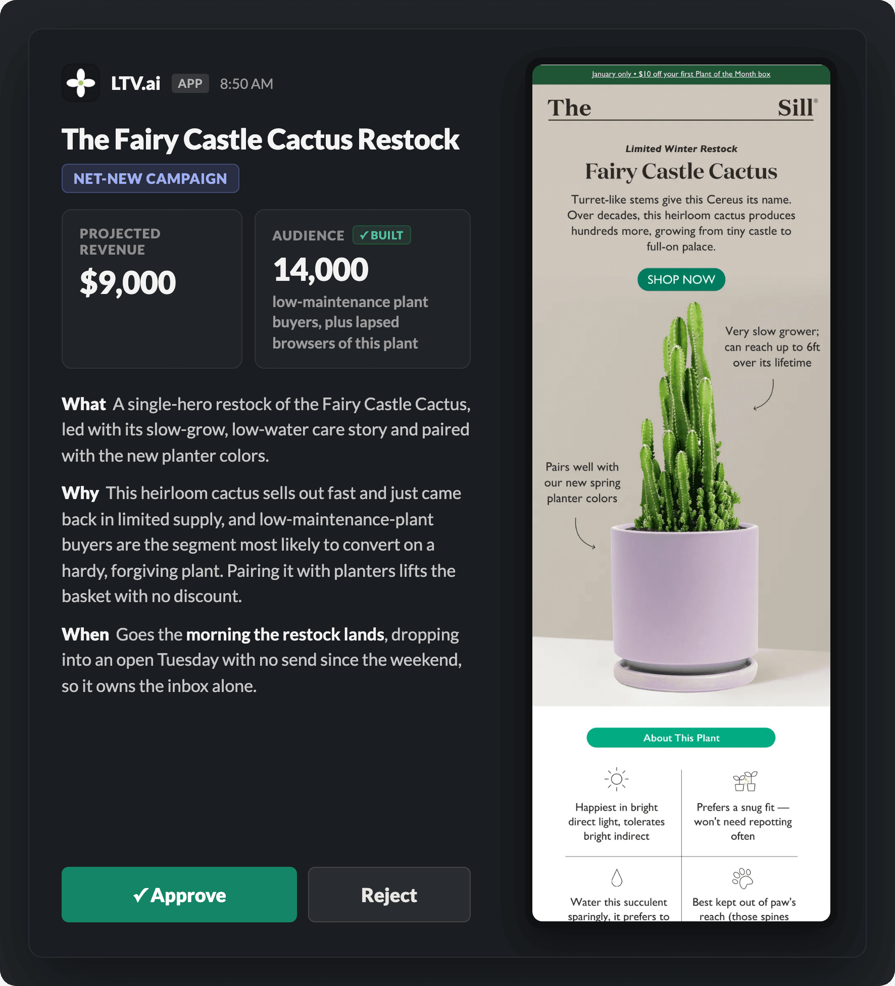 LTV.ai daily briefing in Slack: a campaign recommendation for a plant brand, with the finished email preview