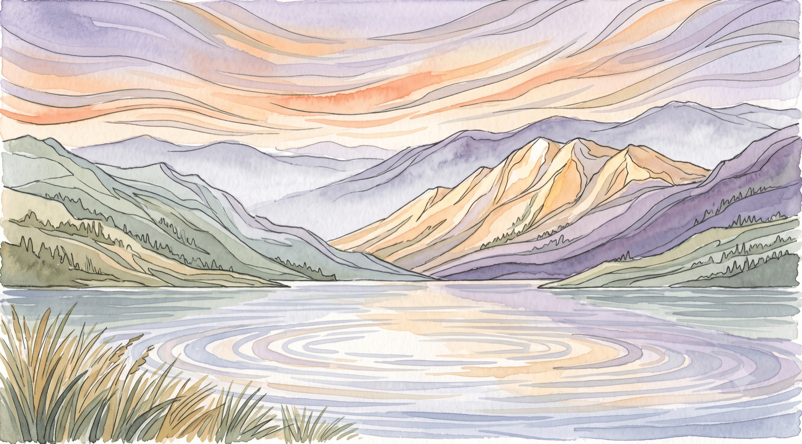 Soft watercolor of layered rolling hills in receding bands, each a slightly different muted tone.