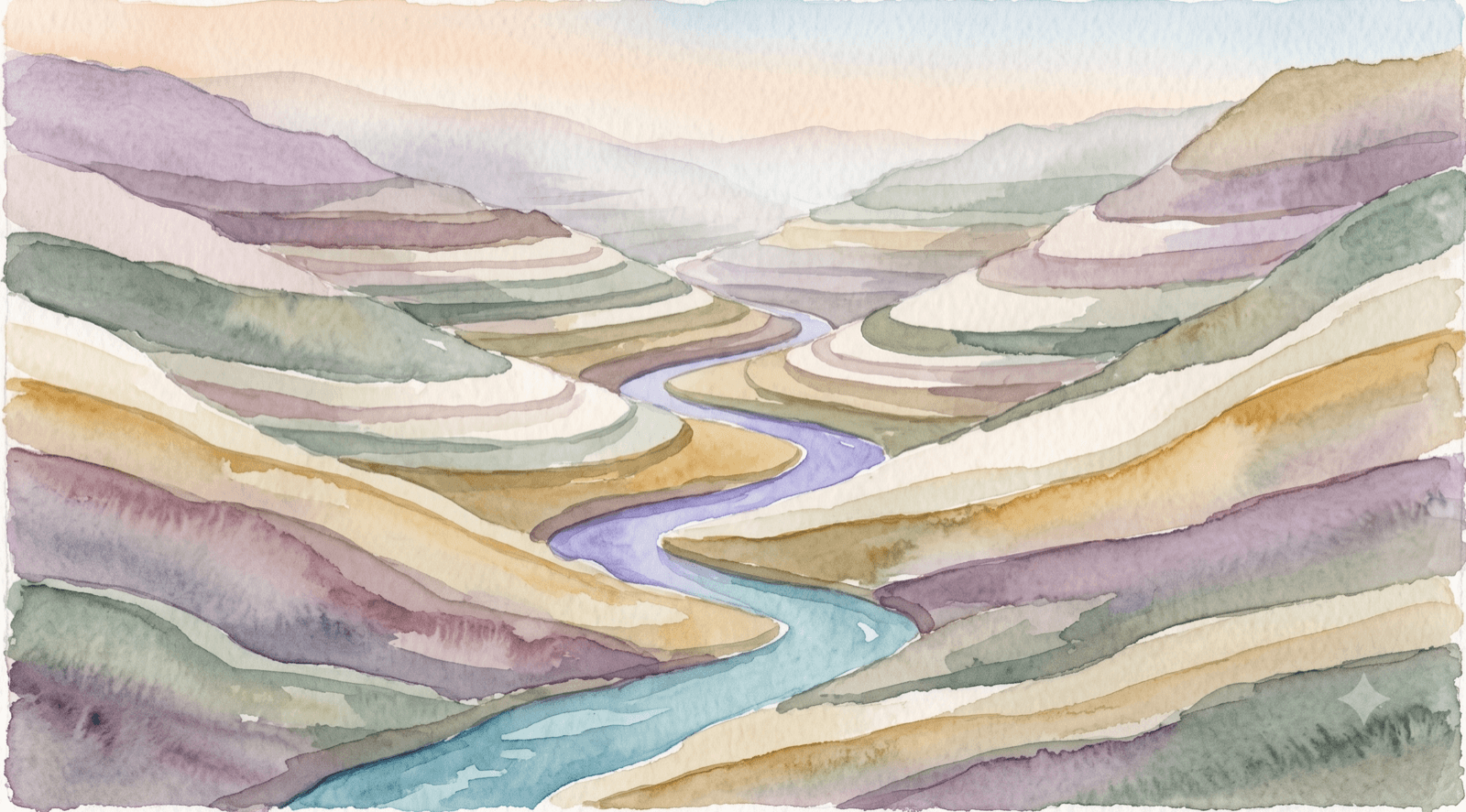 Soft watercolor of gently terraced hills receding into soft distance under a pale dawn sky.