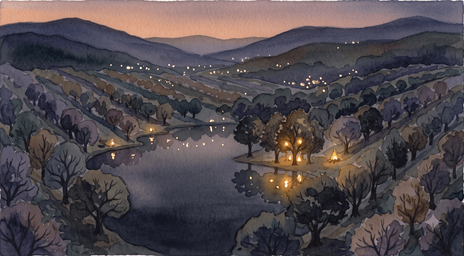 Soft watercolor of a still night-calm lake reflecting many faint points of light like a scattered field.