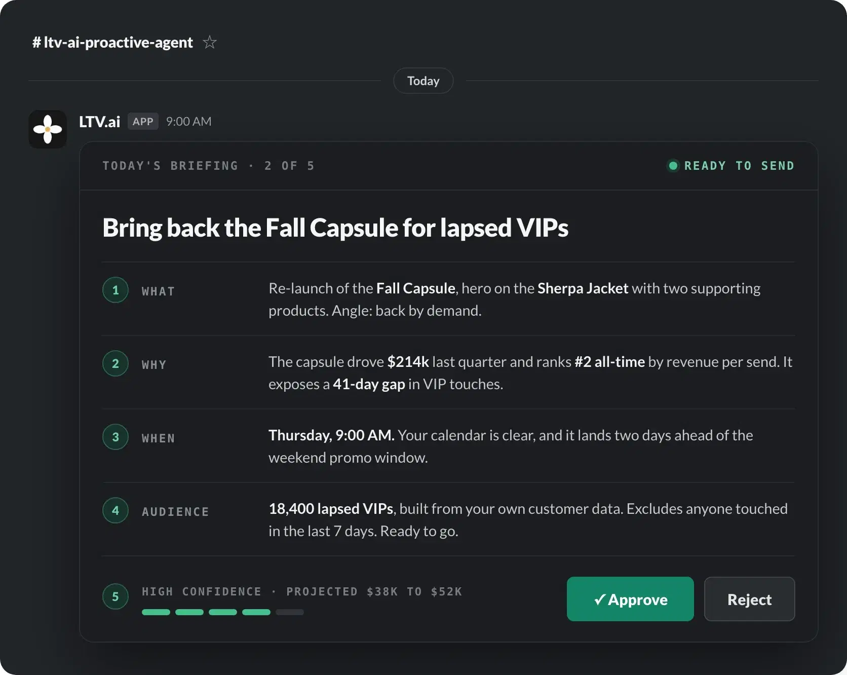 Anatomy of an LTV.ai recommendation in Slack: what, why, when, audience, and a high-confidence revenue projection with approve and reject actions