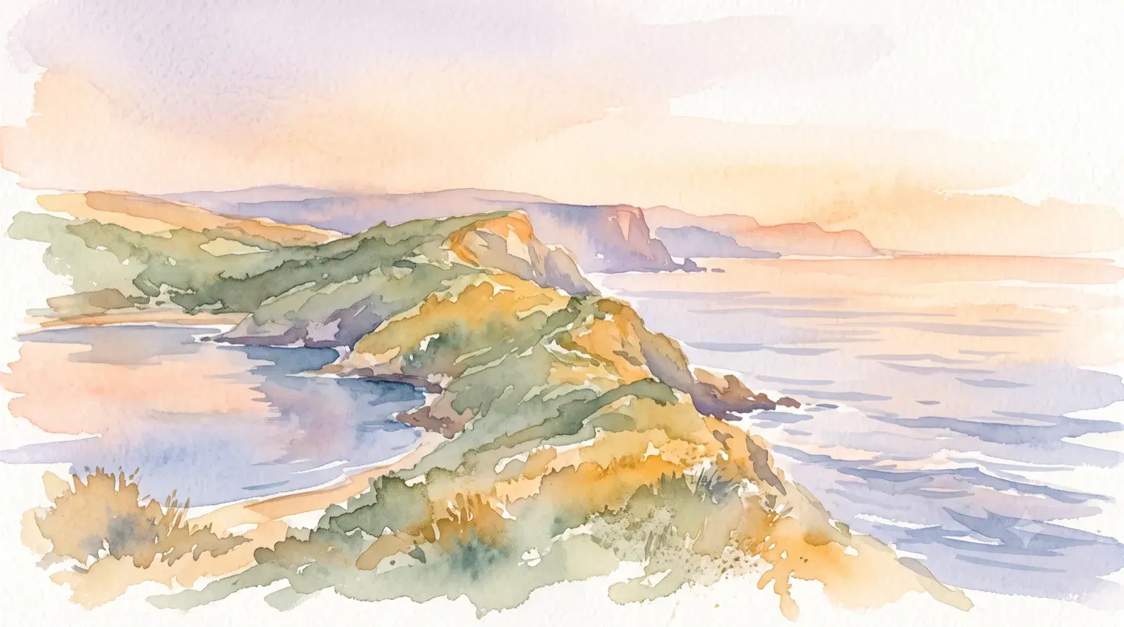 Soft watercolor coastal headland at golden hour, a calm sheltered bay meeting the open sea.