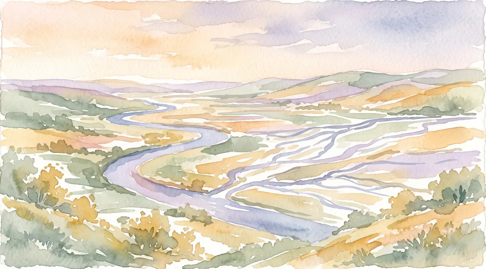 Soft watercolor wide valley seen from above, a single river winding down and branching into several channels.