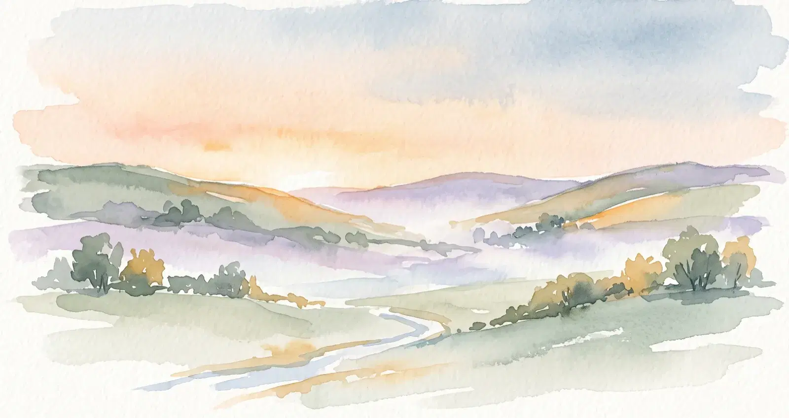 Soft watercolor sunrise over rolling meadow hills, warm golden light along the horizon.