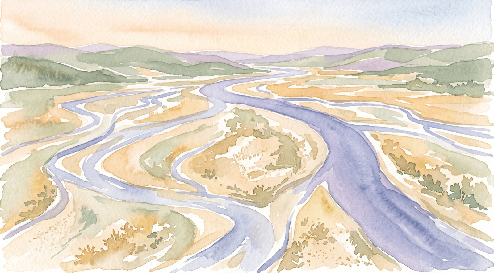 Watercolor of a braided river where channels fade and one deepens, representing how LTV.ai learns from approvals and rejections.