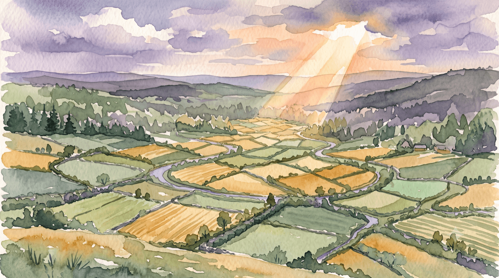Watercolor of a patchwork of small fields divided by hedgerows on a gentle rise, representing how LTV.ai segments an audience for a specific campaign.