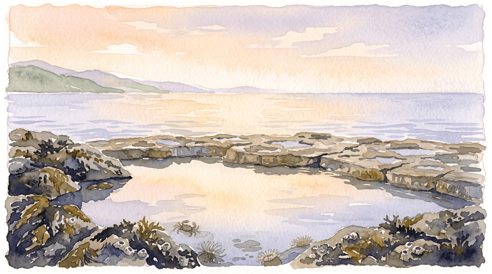 Watercolor of a still tide pool held apart from the open sea by a low rocky shelf, representing how LTV.ai includes, excludes, and holds out parts of a campaign audience.