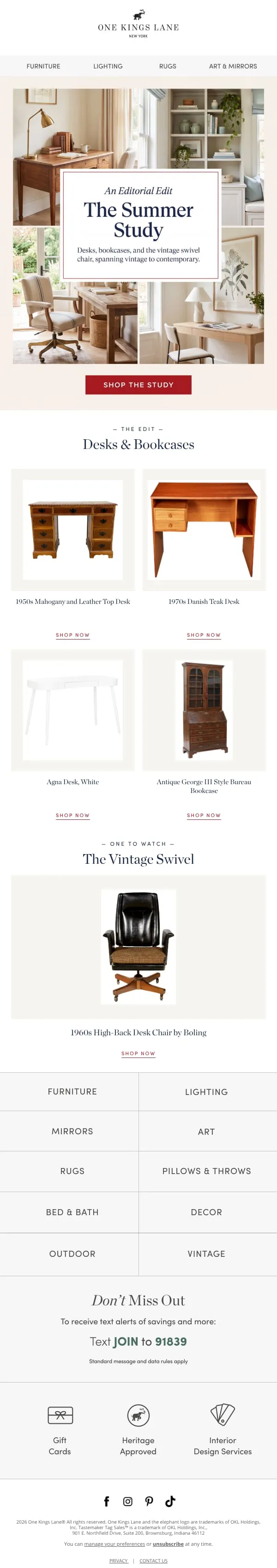 One Kings Lane marketing email built by LTV.ai for The Summer Study, an editorial campaign spanning vintage to contemporary