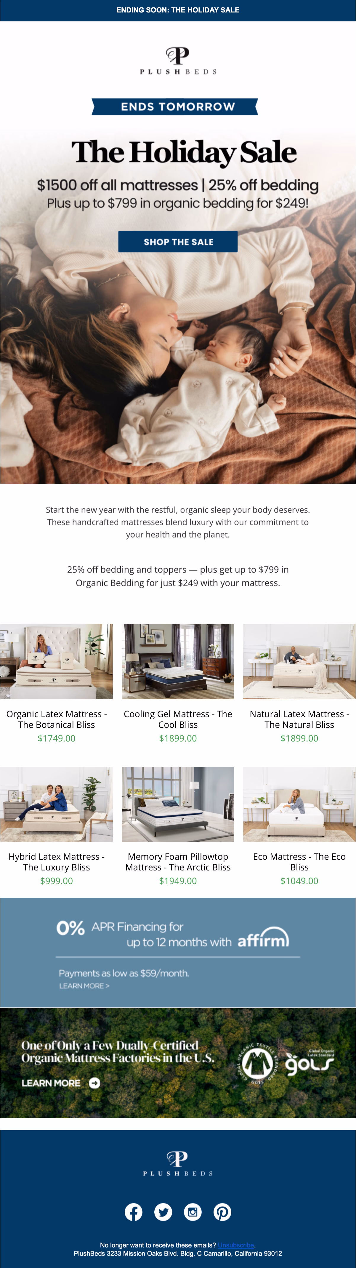 PlushBeds marketing email built by LTV.ai for a holiday sale campaign leaning on its organic-sleep certifications