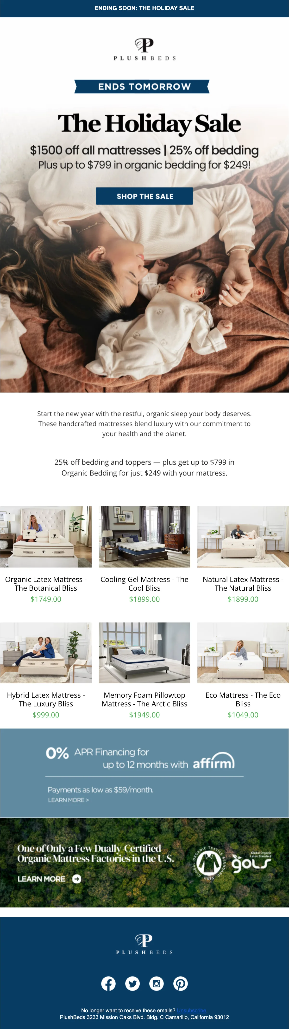 PlushBeds marketing email built by LTV.ai for a holiday sale campaign leaning on its organic-sleep certifications