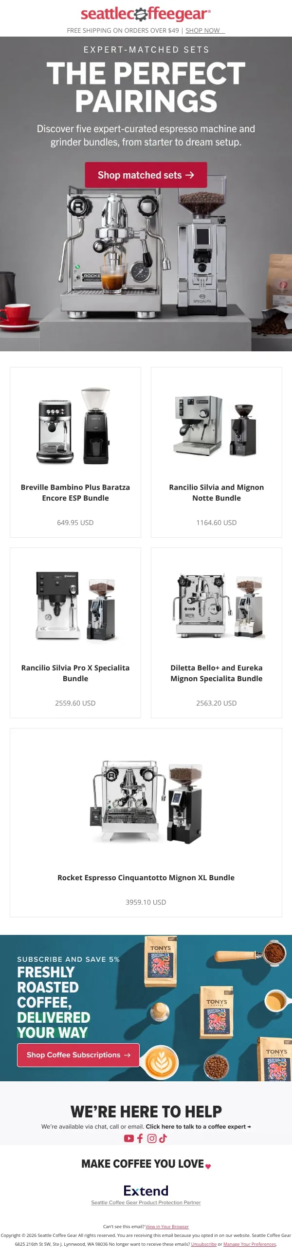 Seattle Coffee Gear marketing email built by LTV.ai for a campaign of expert-matched espresso machine and grinder sets from $650 to $3,960