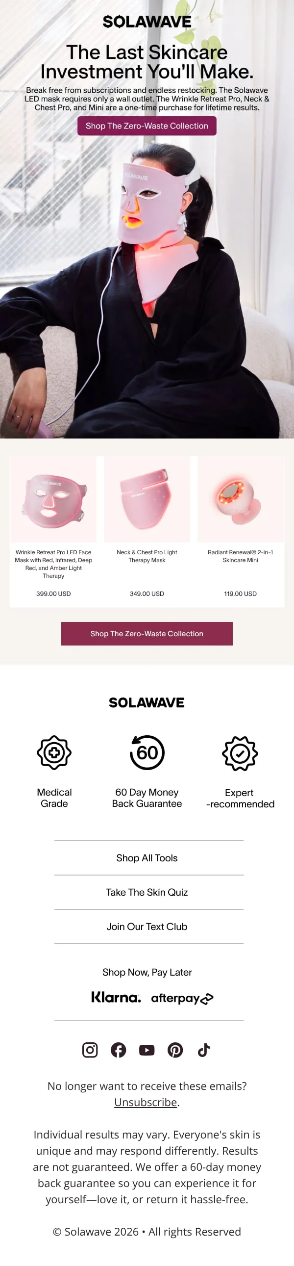 Solawave marketing email built by LTV.ai for a campaign reframing its LED masks around lifetime cost of ownership