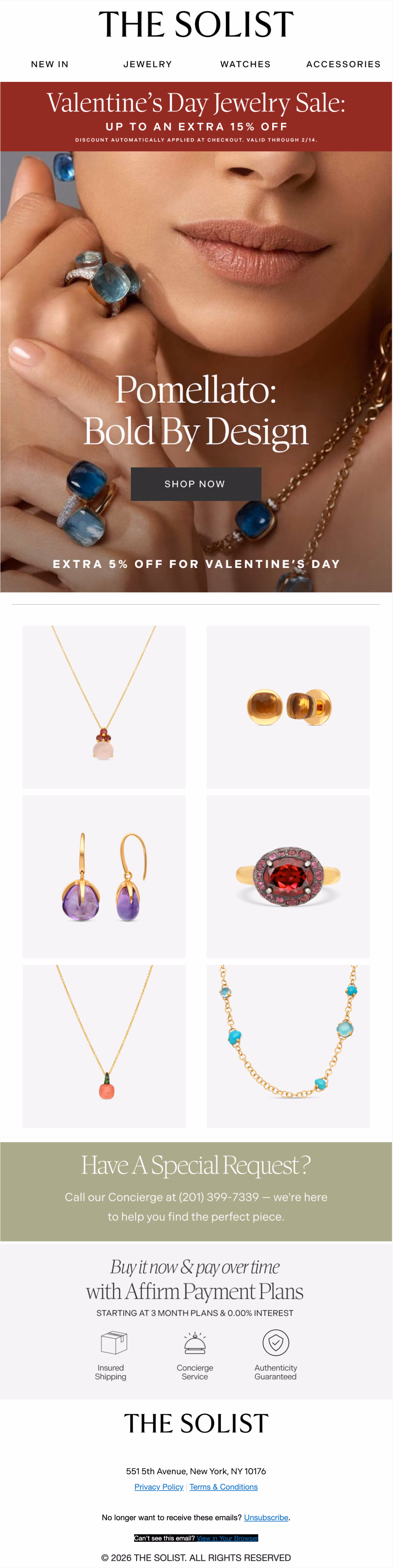 The Solist marketing email built by LTV.ai for a Valentine's Pomellato jewelry campaign featuring bold gemstone pieces