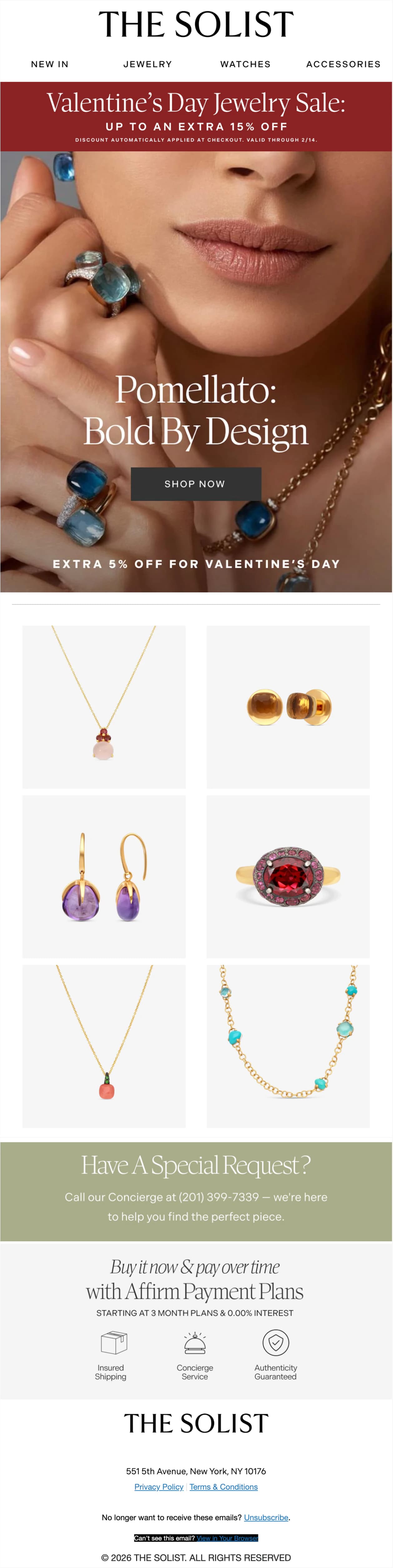 The Solist marketing email built by LTV.ai for a Valentine's Pomellato jewelry campaign featuring bold gemstone pieces