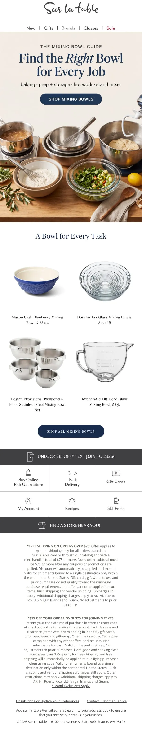 Sur La Table marketing email built by LTV.ai for a Mixing Bowl Guide campaign matching every bowl to the job