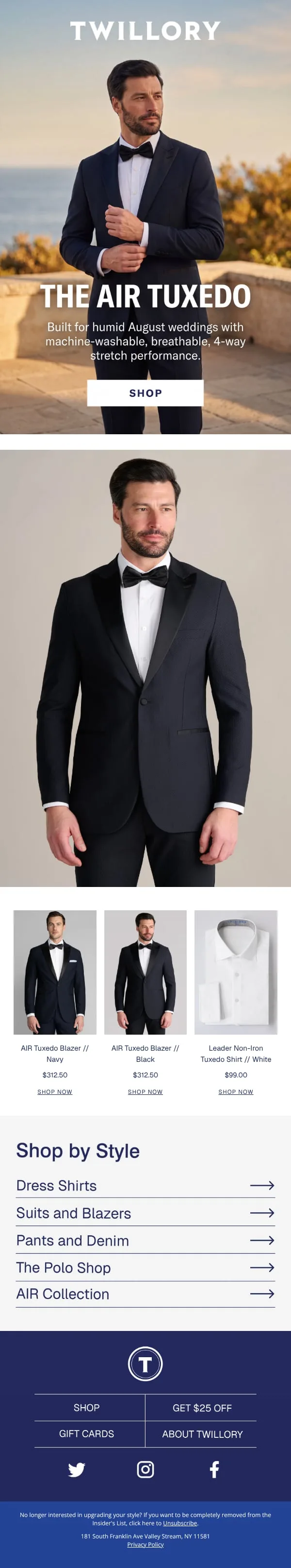 Twillory marketing email built by LTV.ai launching the AIR Tuxedo for humid August weddings