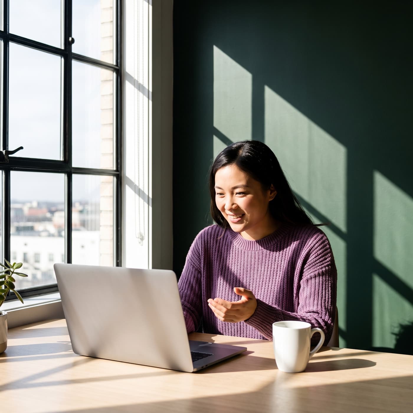 Marketer reviewing performance from a bright workspace