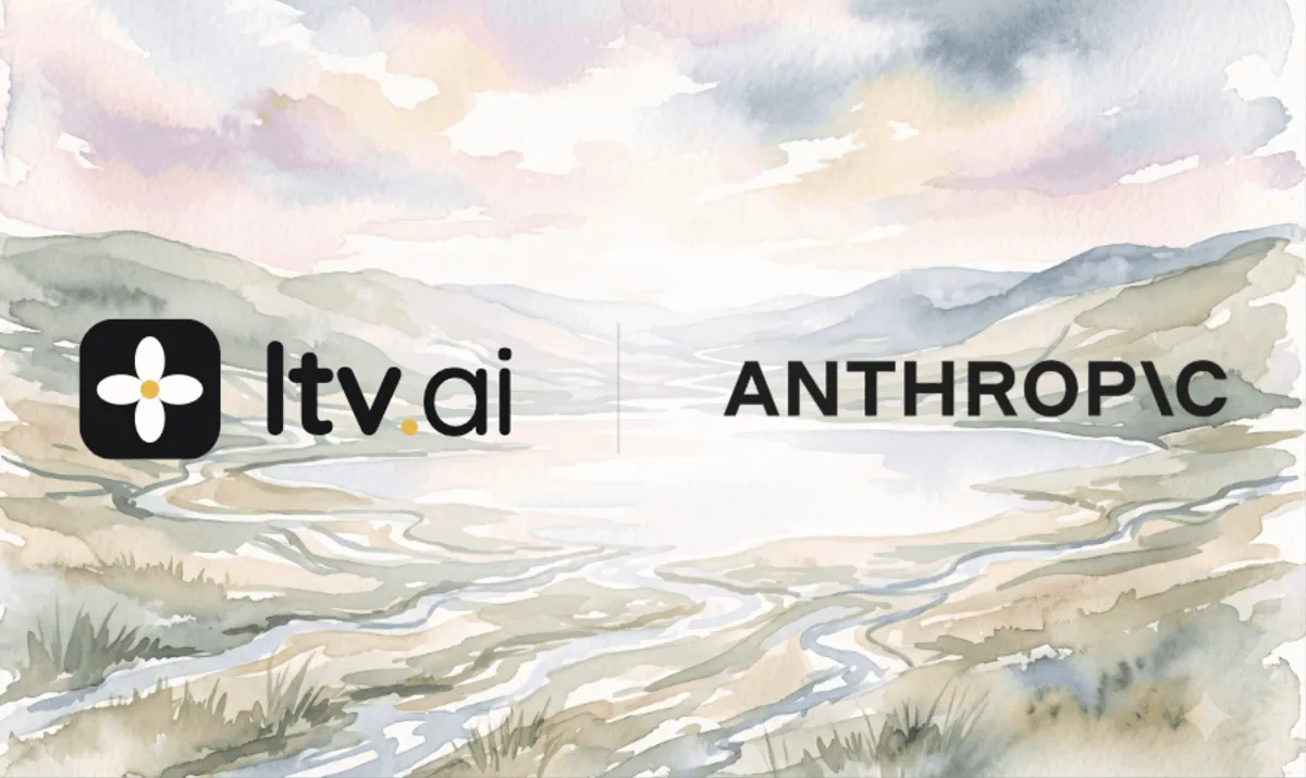 The LTV.ai and Anthropic co-brand lockup set over a soft watercolor valley landscape.