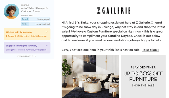 LTV.ai example email made for Z Gallerie