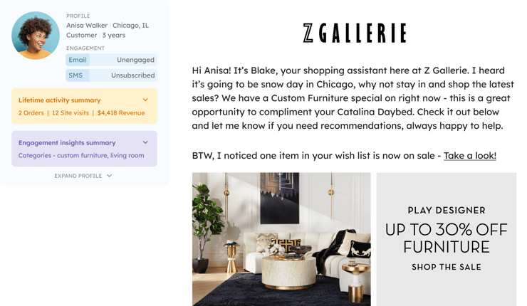 LTV.ai hyper-personalized email example for Z Gallerie