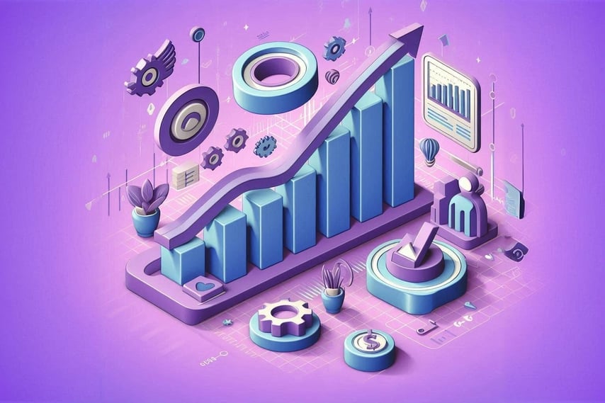 symbols representing "average revenue per customer" and "increasing customer value" for ecommerce brands in light purple and blue