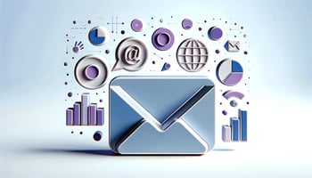 Blue and purple email icon with symbols representing analytics.