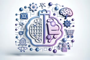 blue and purple ecommerce and artificial intelligence symbols