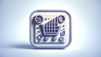 ecommerce symbol surrounded by symbols representing analytics in blue and purple colors