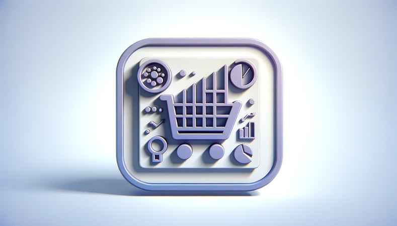 DALL·E 2024-02-14 21.08.00 - A 3D vector image in a professional style, horizontal layout, showcasing an eCommerce icon. This icon should include symbols representing _analytics,_