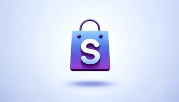 Shopping bag with an S in the middle of it representing a Shopify Logo in purple and blue