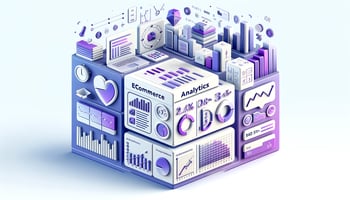 symbols representing ecommerce analytics in blue and purple