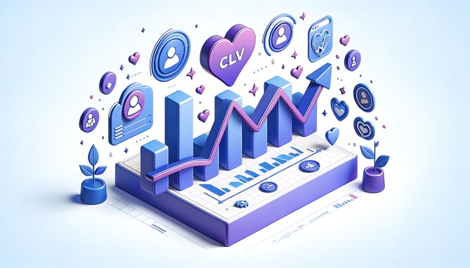 An image with symbols representing customer lifetime value with growth charts and customer symbols in blue and purple.