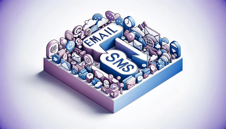 Symbols representing Email VS SMS marketing for ecommerce brands in light blue and purple colors