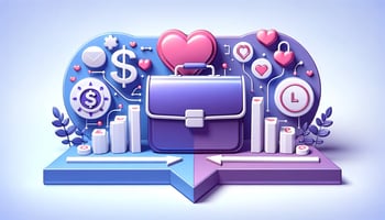 symbols representing the concept of "transactional vs nurturing" in ecommerce in purple and blue