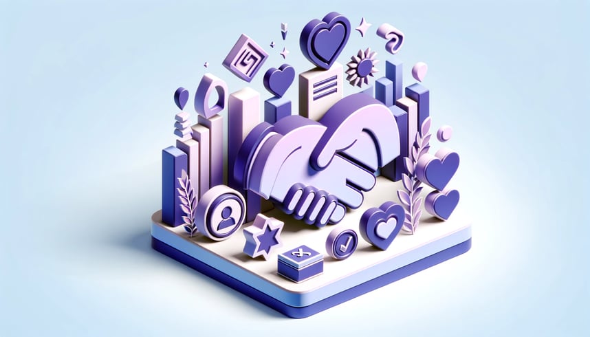 Symbols representing customer loyalty in ecommerce in light purple and blue