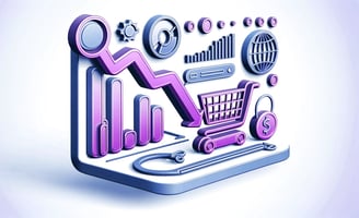 symbols representing falling customer lifetime value (LTV) in ecommerce, in purple and light blue